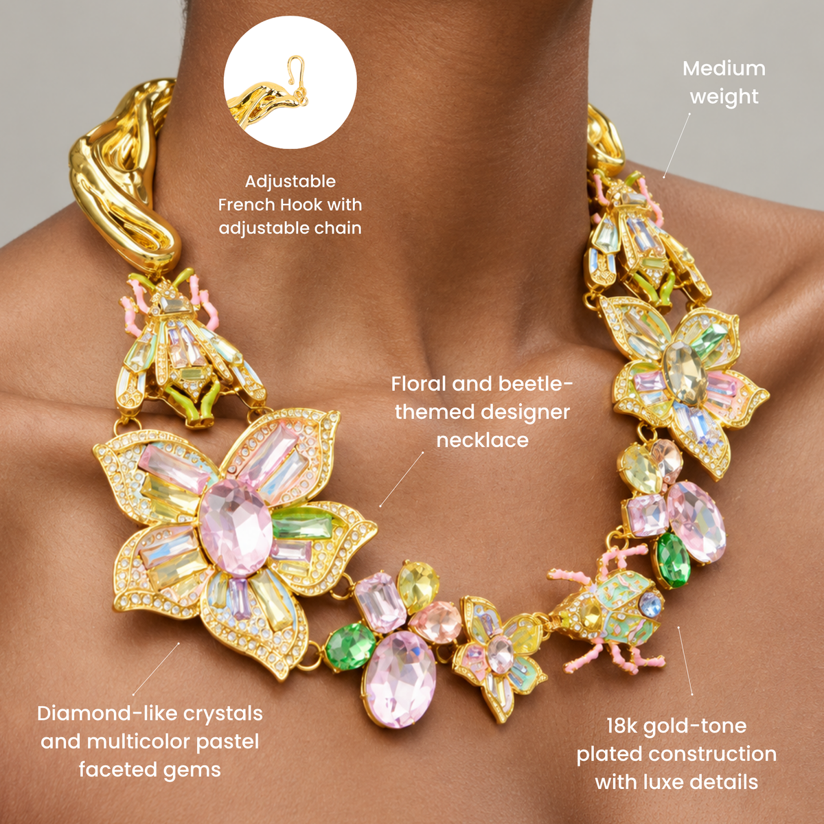 Women's statement necklace featuring oversized crystal florals in blush pink, green and yellow with jeweled insect details.