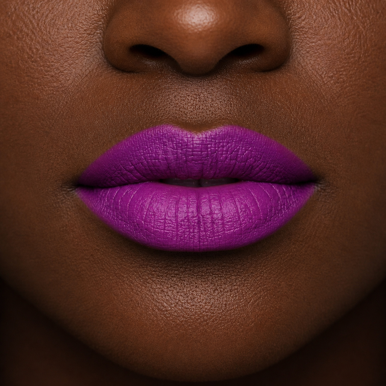 Bright purple lipstick in gold tube with vivid violet swatch for a bold, statement lip look.