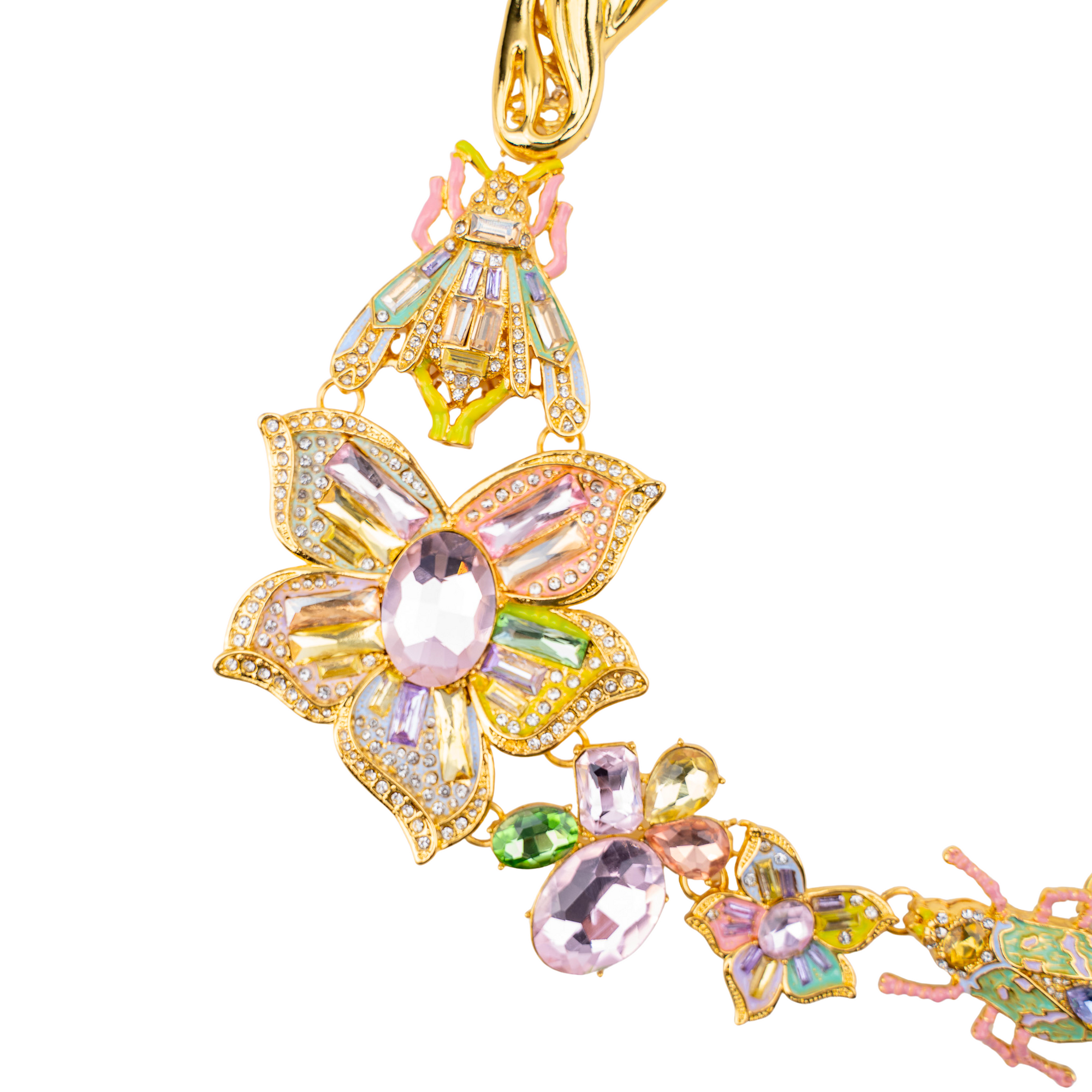 crystal statement necklace, floral crystal necklace, luxury costume jewelry necklace, designer statement jewelry, bold crystal collar necklace, glamorous fashion necklace, boutique statement necklace, oversized floral jewelry, couture inspired necklace, high impact necklace for women