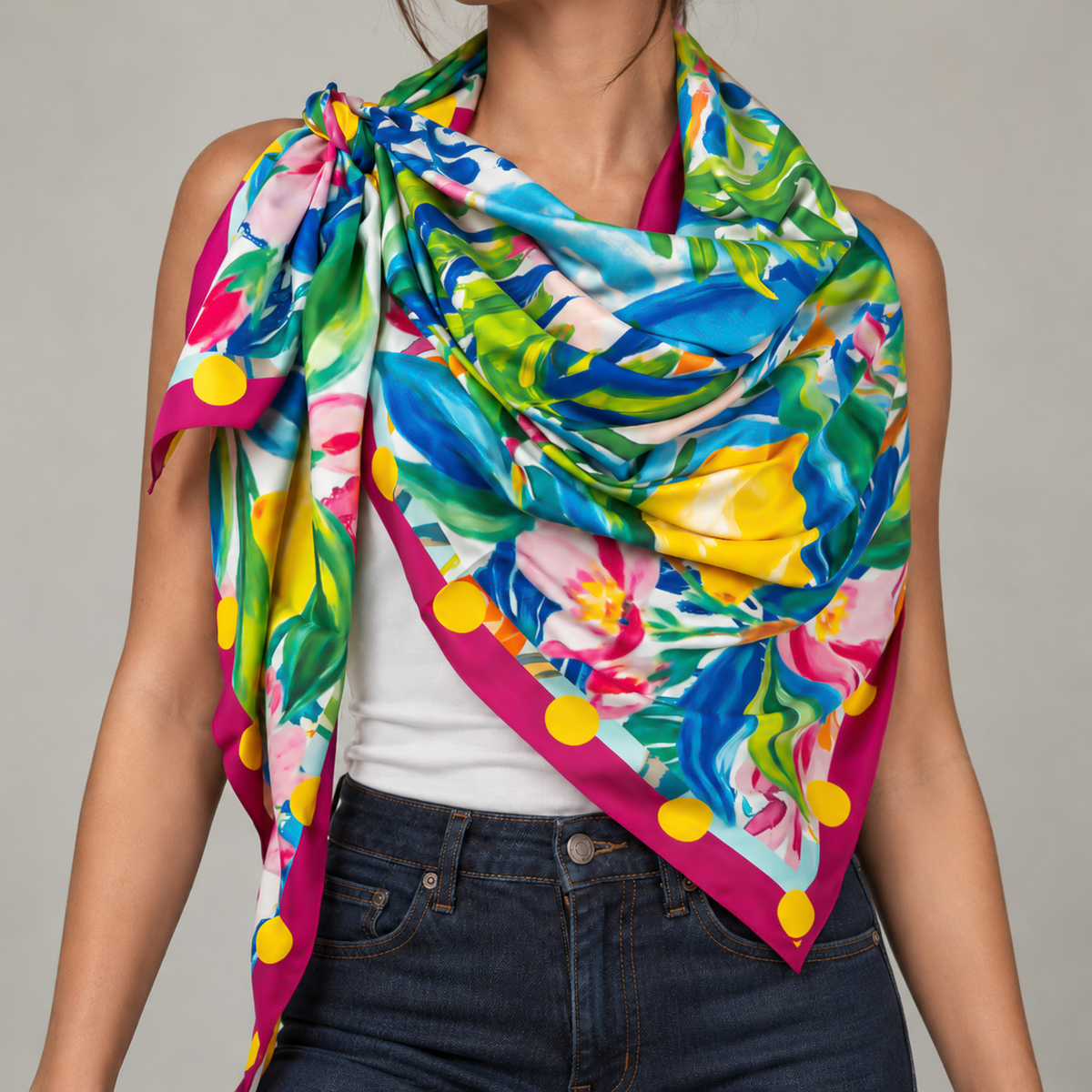 Sassy Jones Mykonos Scarf featuring a Mediterranean inspired garden illustration with lemons, pink blossoms and lush green foliage.