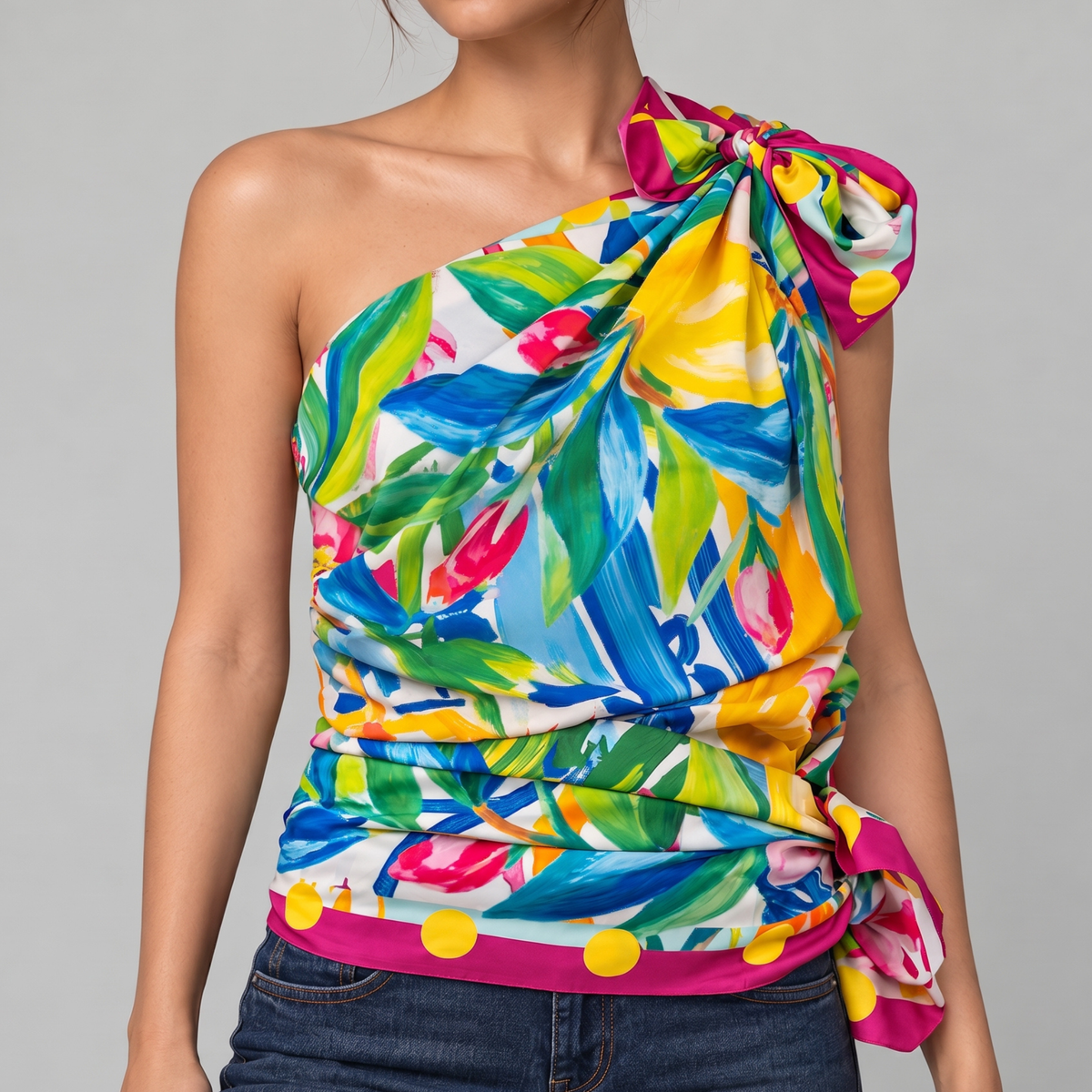 Mediterranean inspired statement scarf featuring a floral garden scene framed by leafy branches, citrus fruit and a bright pink border.