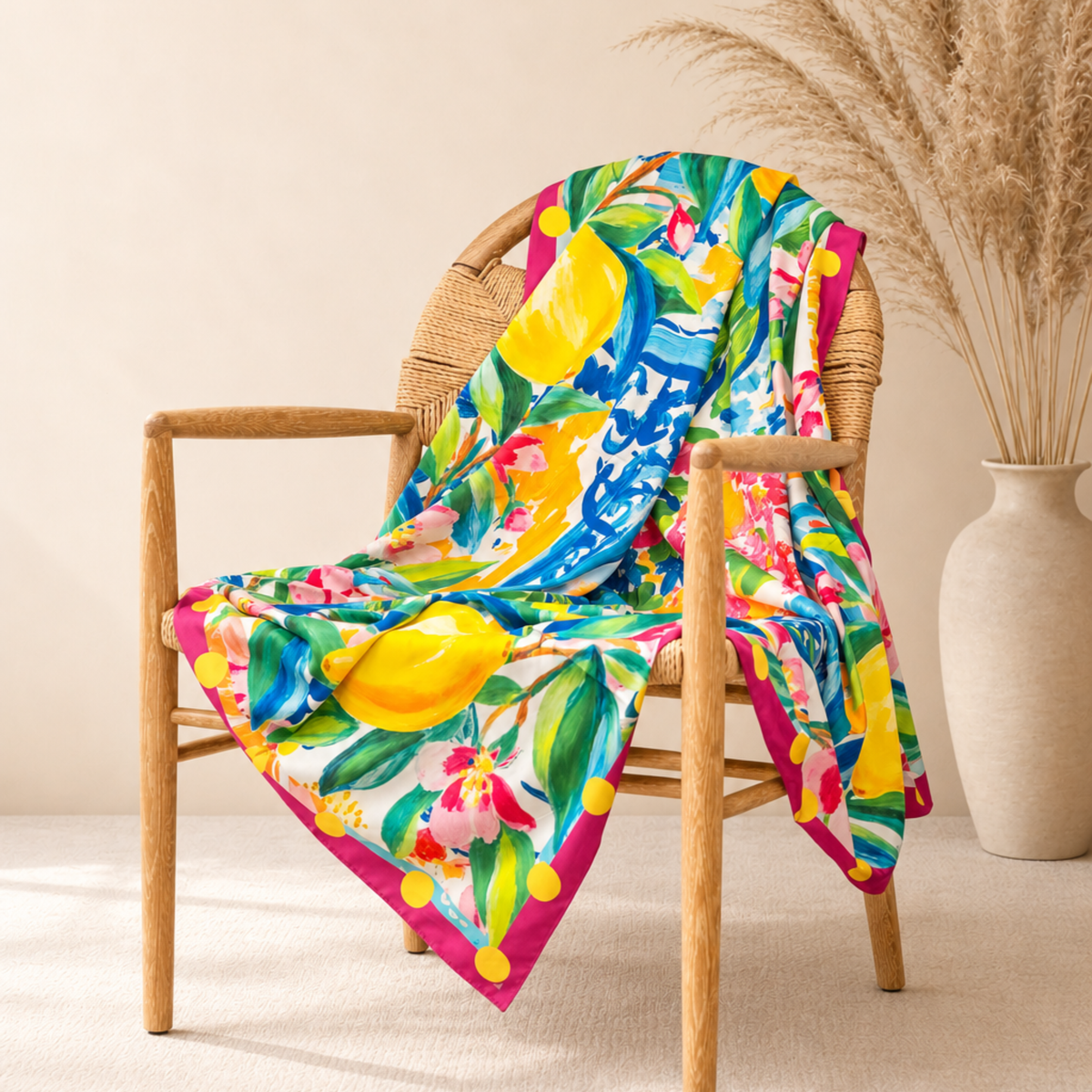 Close up of Mykonos Floral Tapestry Scarf showcasing vibrant lemons, blue and white decorative pottery and multicolor flowers.