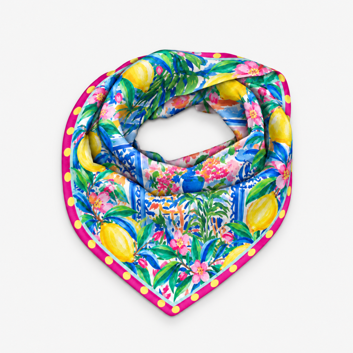 Mykonos Painted Floral Tapestry Scarf displayed flat with yellow lemons, blue pottery, pink flowers and a contrasting polka dot border.