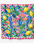 Mykonos Painted Floral Tapestry Oversized Square Scarf featuring yellow lemons, colorful flowers and cobalt blue pottery.