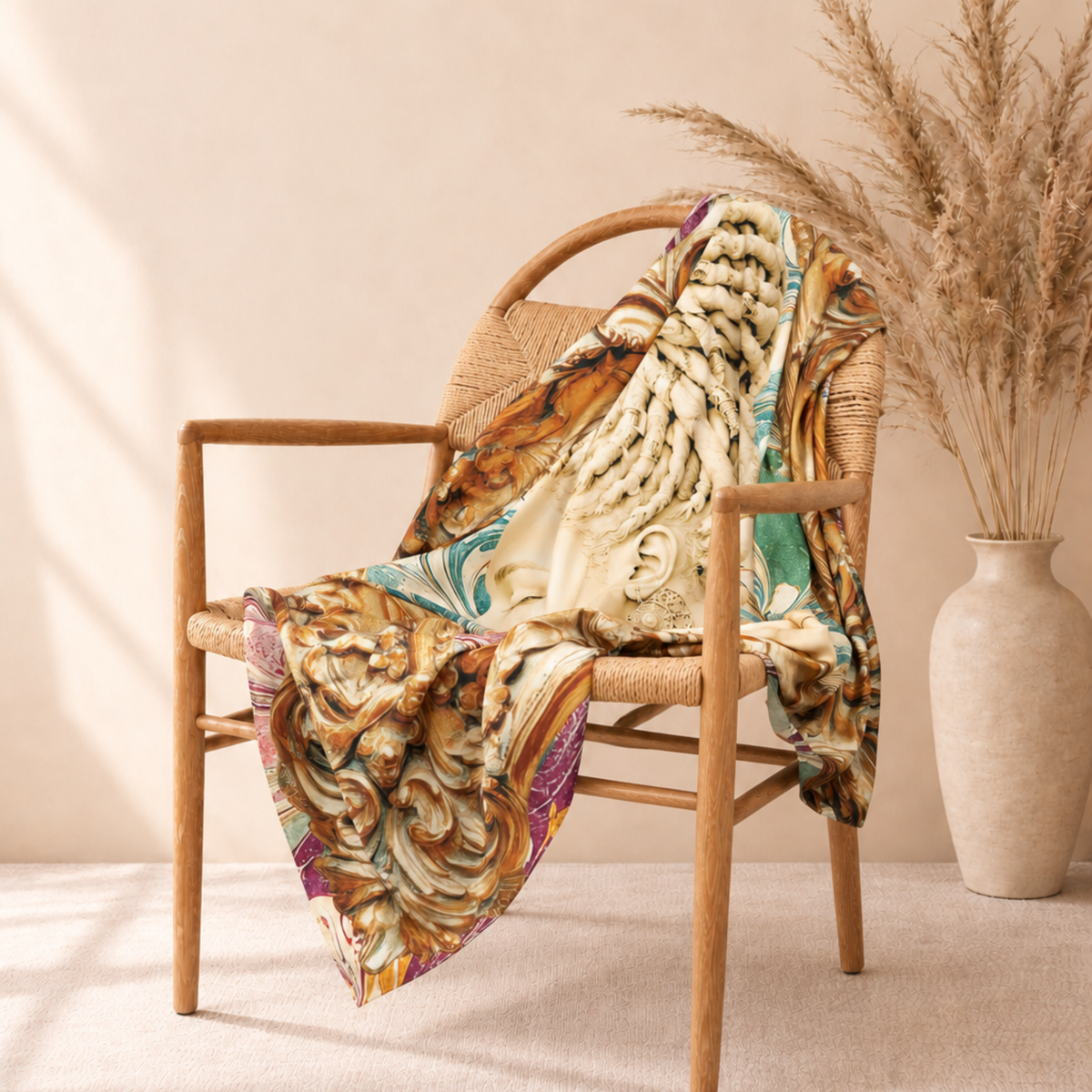Artistic square fashion scarf featuring a regal woman's side profile surrounded by an ornate antique inspired gold frame.