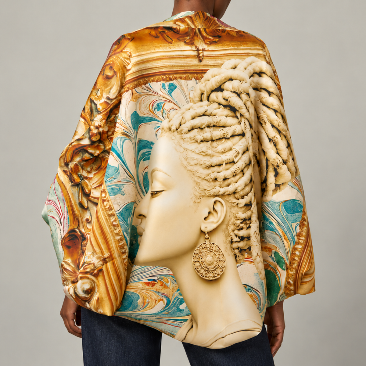 Sassy Jones Nika Scarf featuring a 51 inch square design with a regal female portrait and colorful marble inspired background.