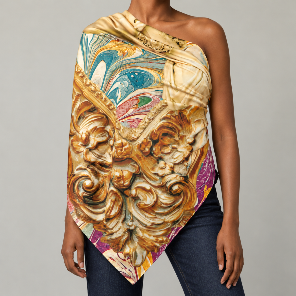 Close up of Nika Regal Portrait Scarf showcasing intricate gold scrollwork and swirling teal, plum and champagne artwork.