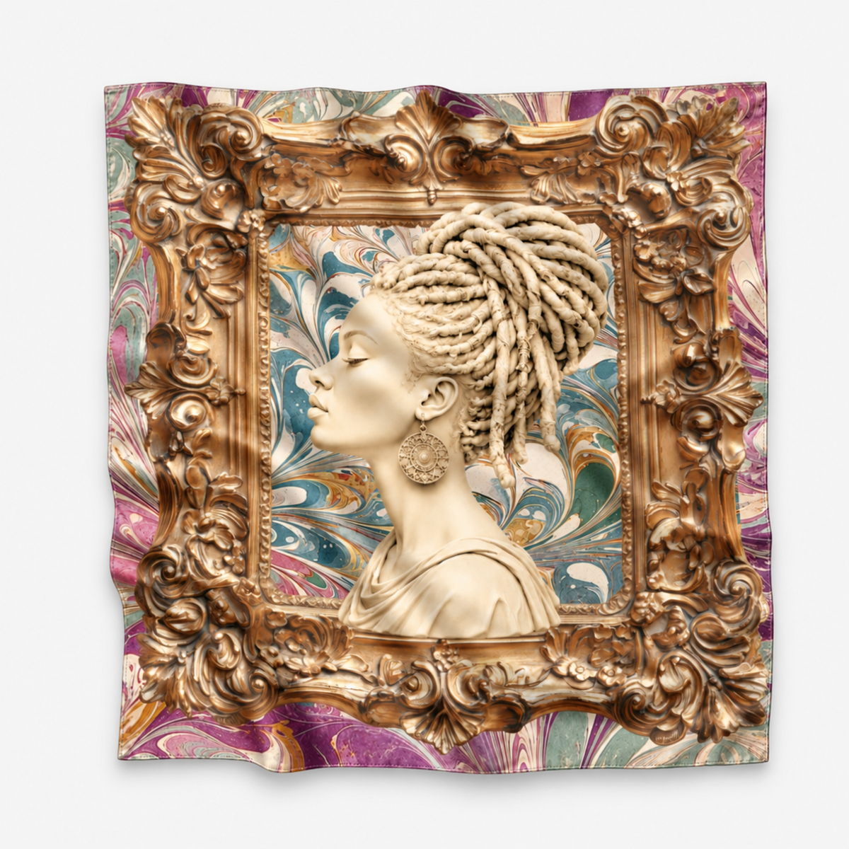 Nika Regal Portrait Oversized Square Scarf featuring a sculptural woman with blonde locs inside an ornate gold frame.