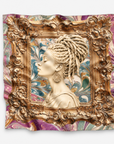 Nika Regal Portrait Oversized Square Scarf featuring a sculptural woman with blonde locs inside an ornate gold frame.