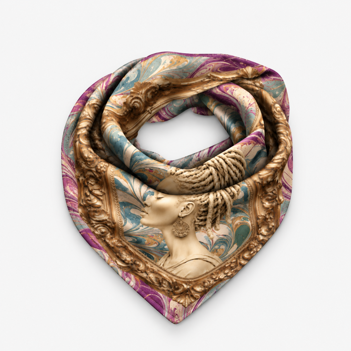 Nika Regal Portrait Oversized Square Scarf featuring a sculptural woman with blonde locs inside an ornate gold frame.