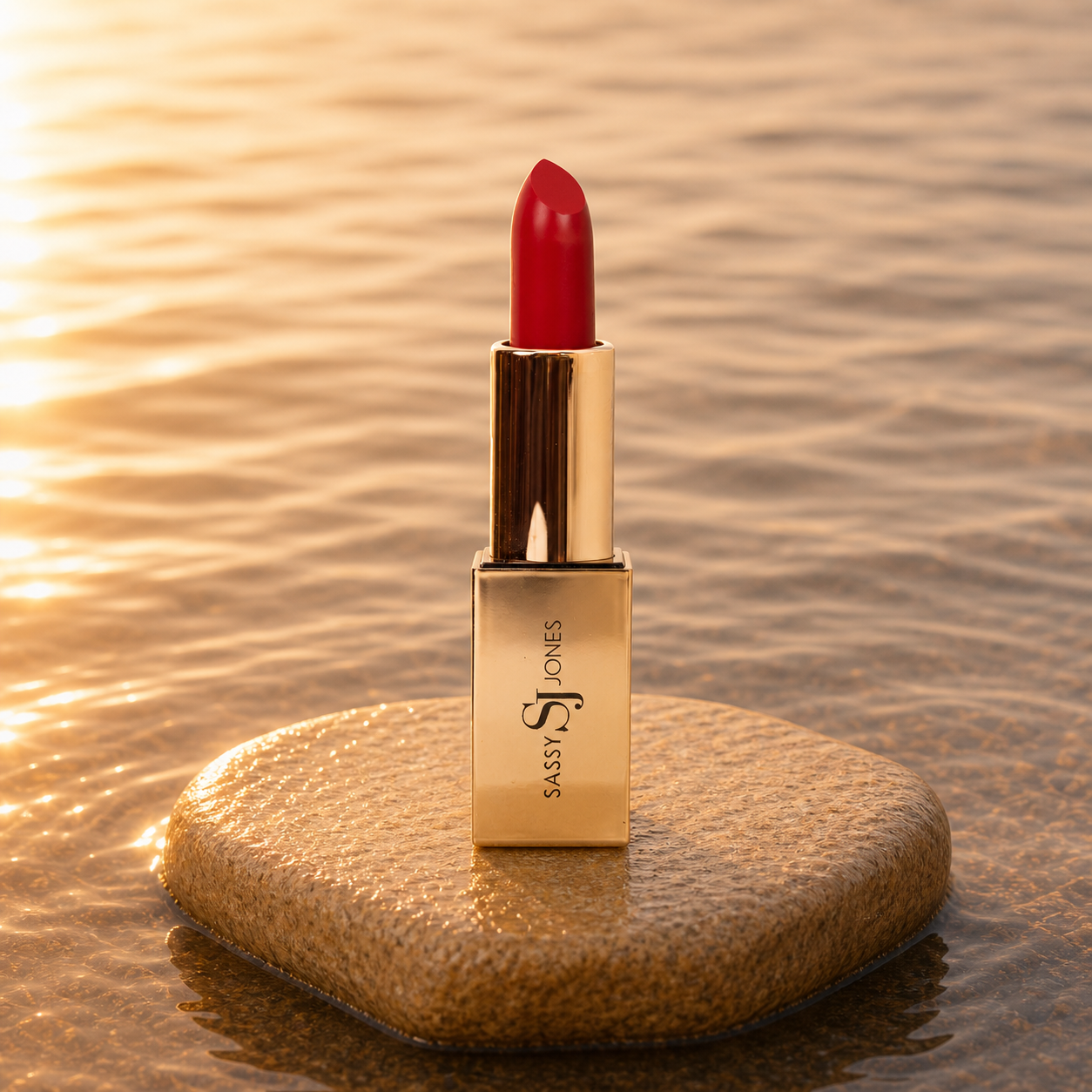Bold red lipstick in gold tube with vibrant red swatch for a powerful statement lip look.