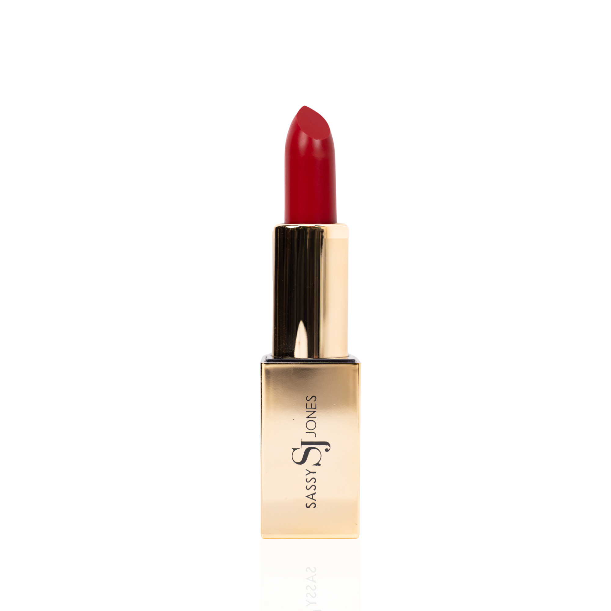 Bold red lipstick in gold tube with vibrant red swatch for a powerful statement lip look.