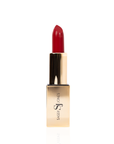 Bold red lipstick in gold tube with vibrant red swatch for a powerful statement lip look.