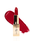 Bold red lipstick in gold tube with vibrant red swatch for a powerful statement lip look.