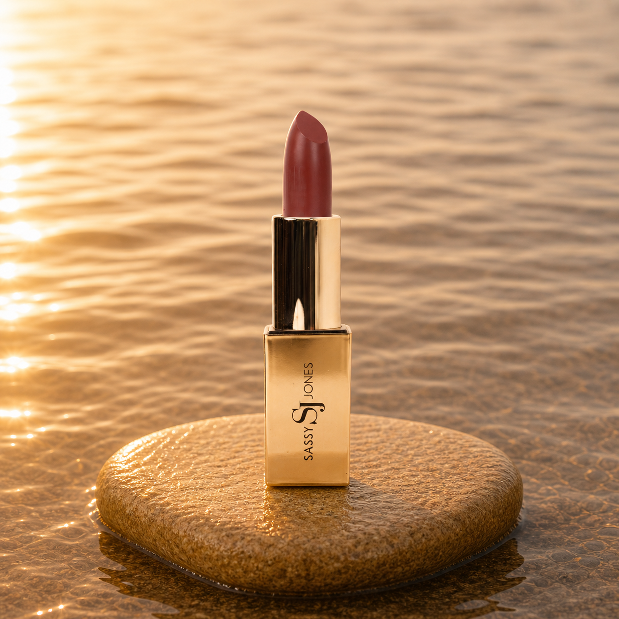 Rich brown nude lipstick in gold tube with deep neutral swatch for an elevated everyday glam look.