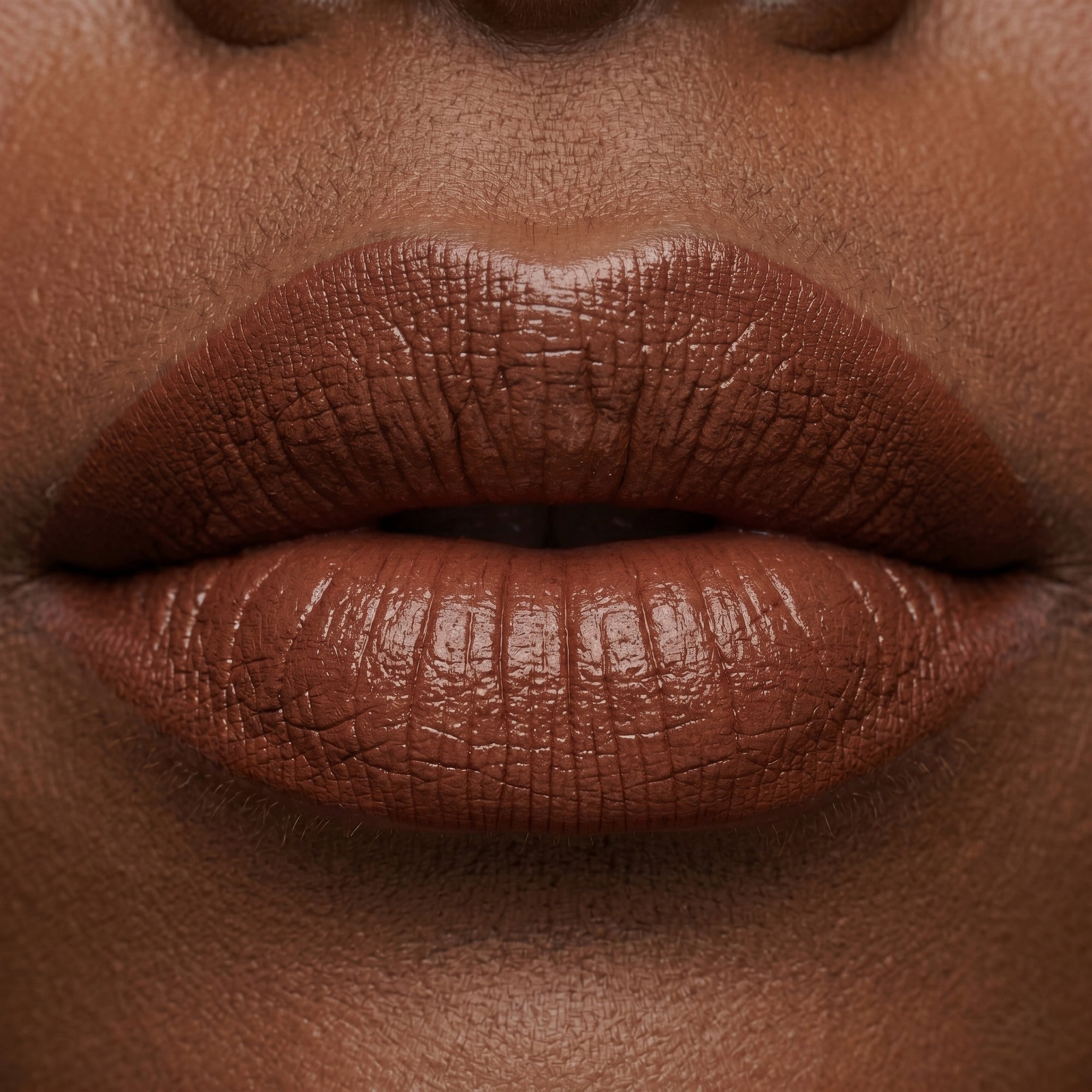 Rich brown nude lipstick in gold tube with deep neutral swatch for an elevated everyday glam look.
