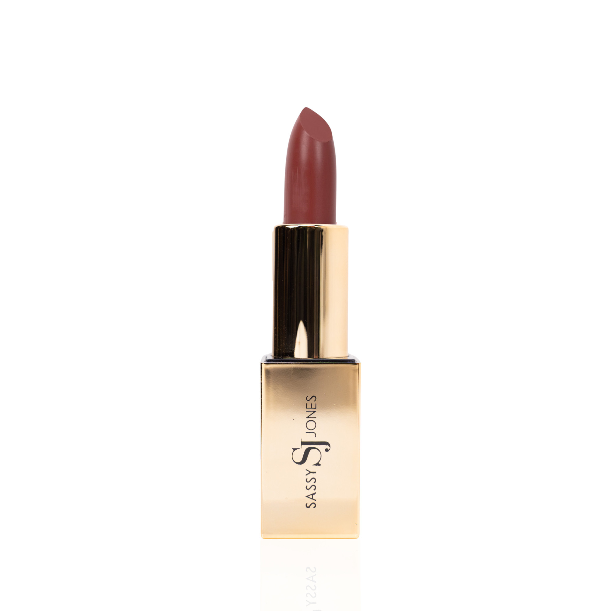 Rich brown nude lipstick in gold tube with deep neutral swatch for an elevated everyday glam look.