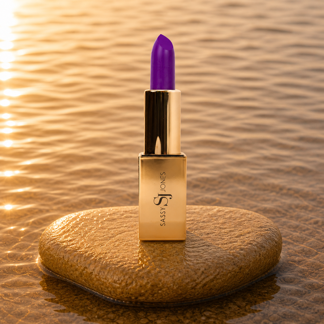 Bold violet lipstick in gold tube with vibrant purple swatch for a high impact statement lip.