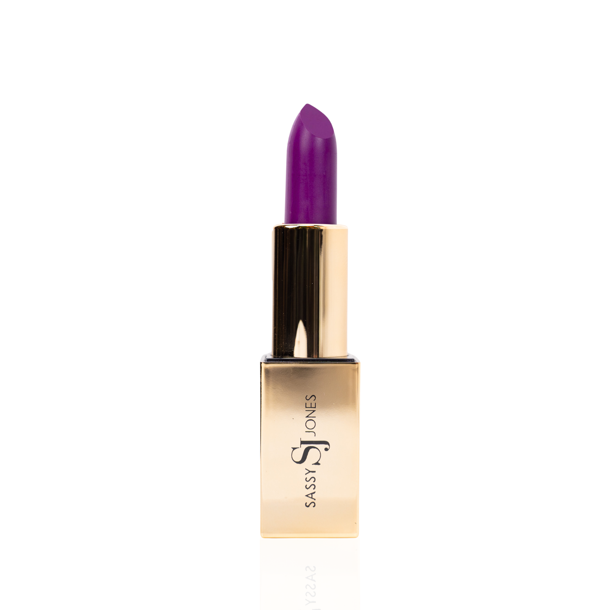Bold violet lipstick in gold tube with vibrant purple swatch for a high impact statement lip.