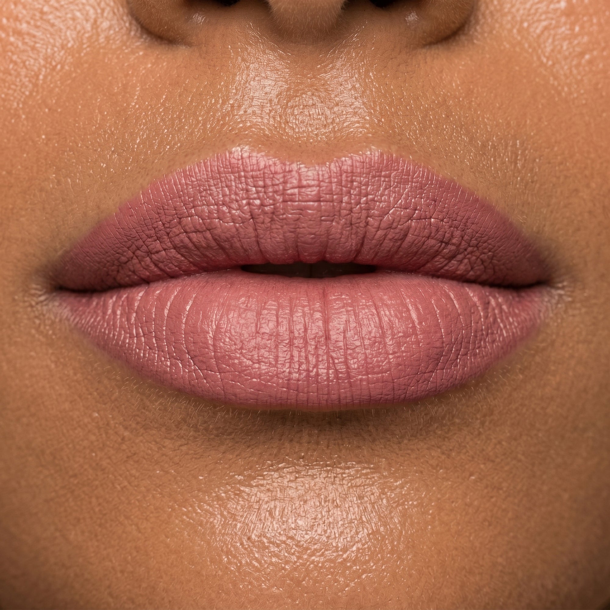Soft nude pink lipstick in gold tube with natural rosy swatch for an everyday polished lip look.