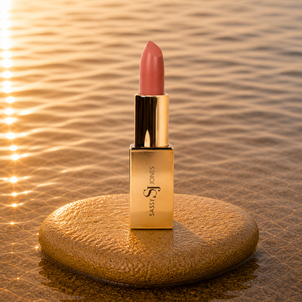 Warm nude lipstick in gold tube with soft brown nude swatch for an elevated everyday lip look.