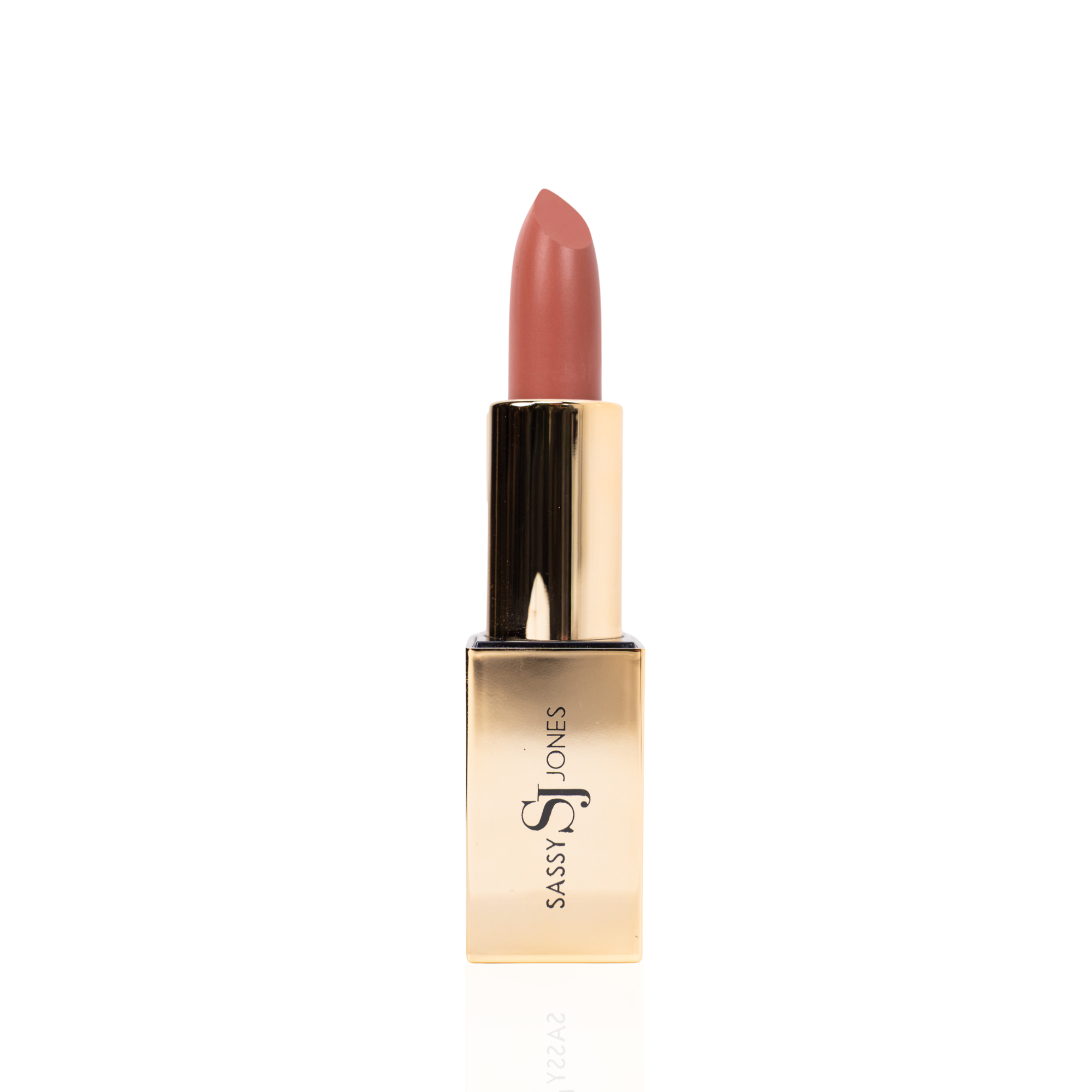 Warm nude lipstick in gold tube with soft brown nude swatch for an elevated everyday lip look.