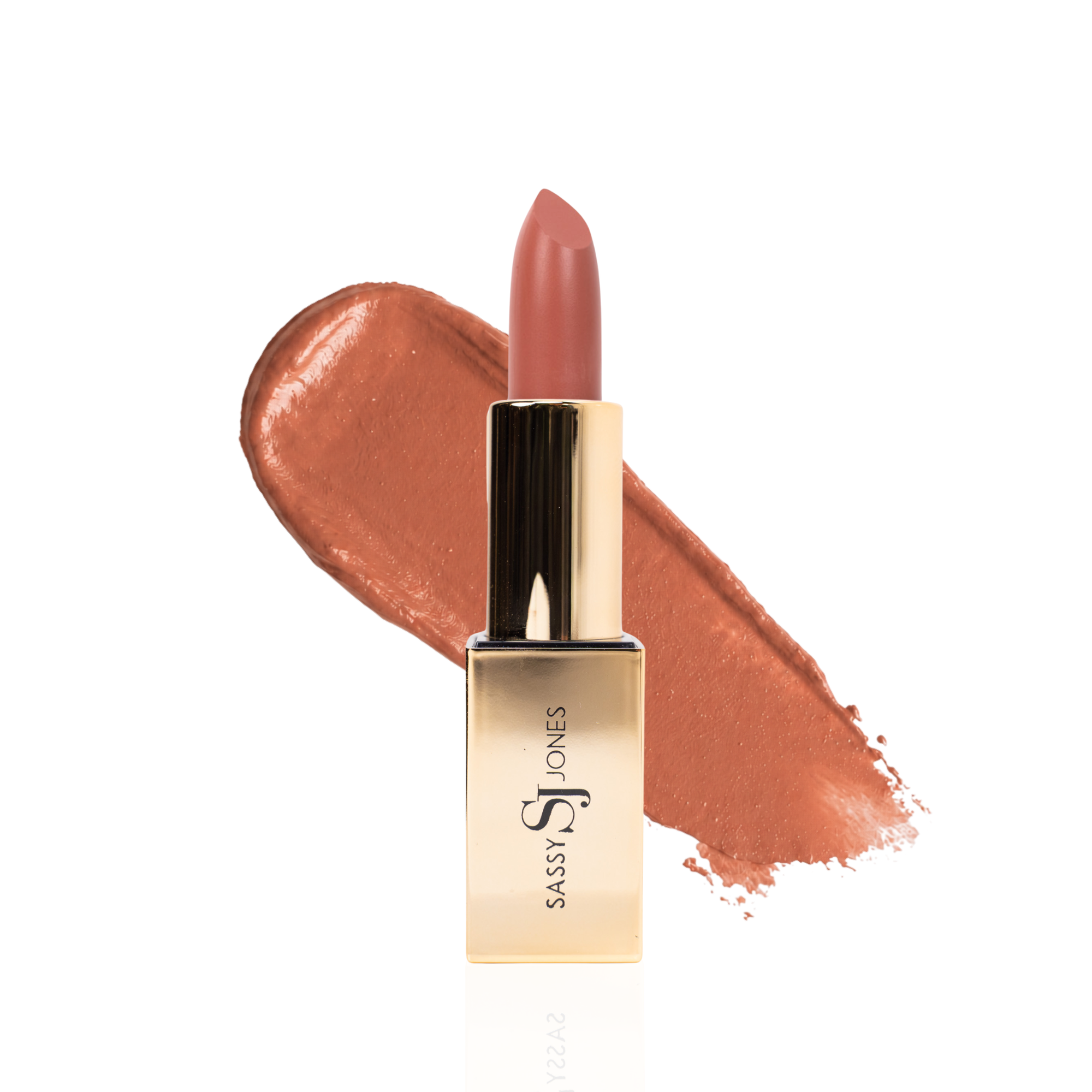 Warm nude lipstick in gold tube with soft brown nude swatch for an elevated everyday lip look.