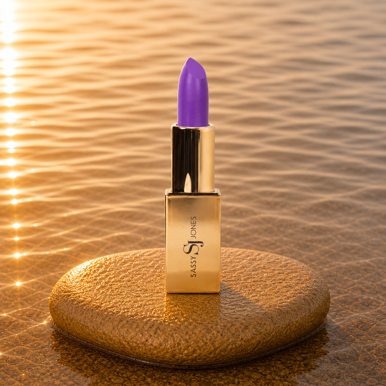 Bright purple lipstick in gold tube with vivid violet swatch for a bold, statement lip look.