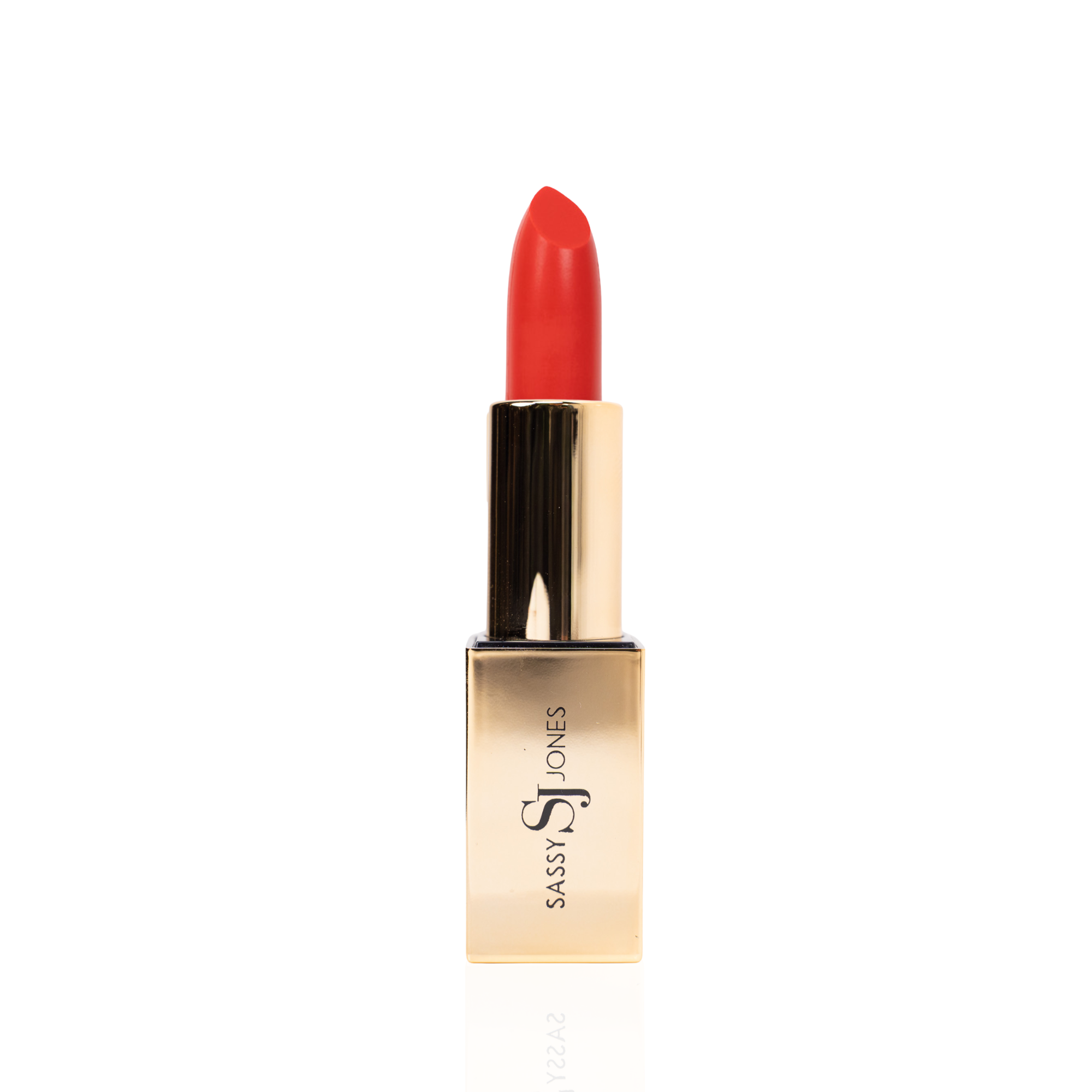 Bright coral red lipstick in gold tube with vibrant orange-red swatch for a bold statement lip.