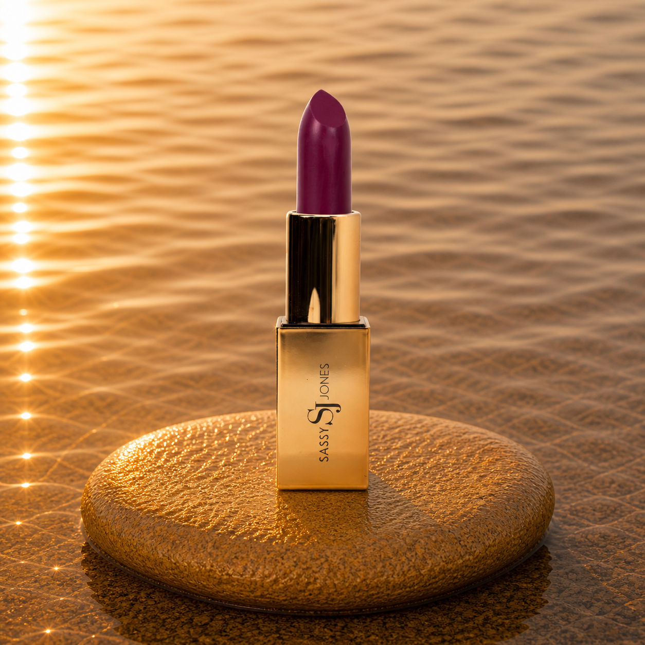 Deep berry lipstick in gold tube with rich plum swatch for a bold, luxurious lip look.
