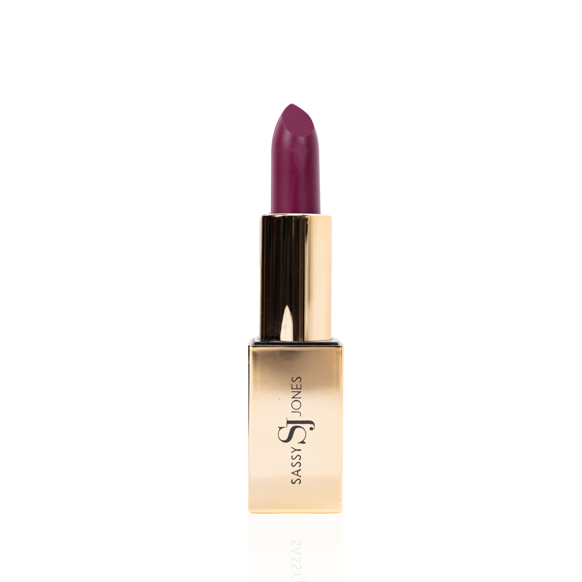 Deep berry lipstick in gold tube with rich plum swatch for a bold, luxurious lip look.