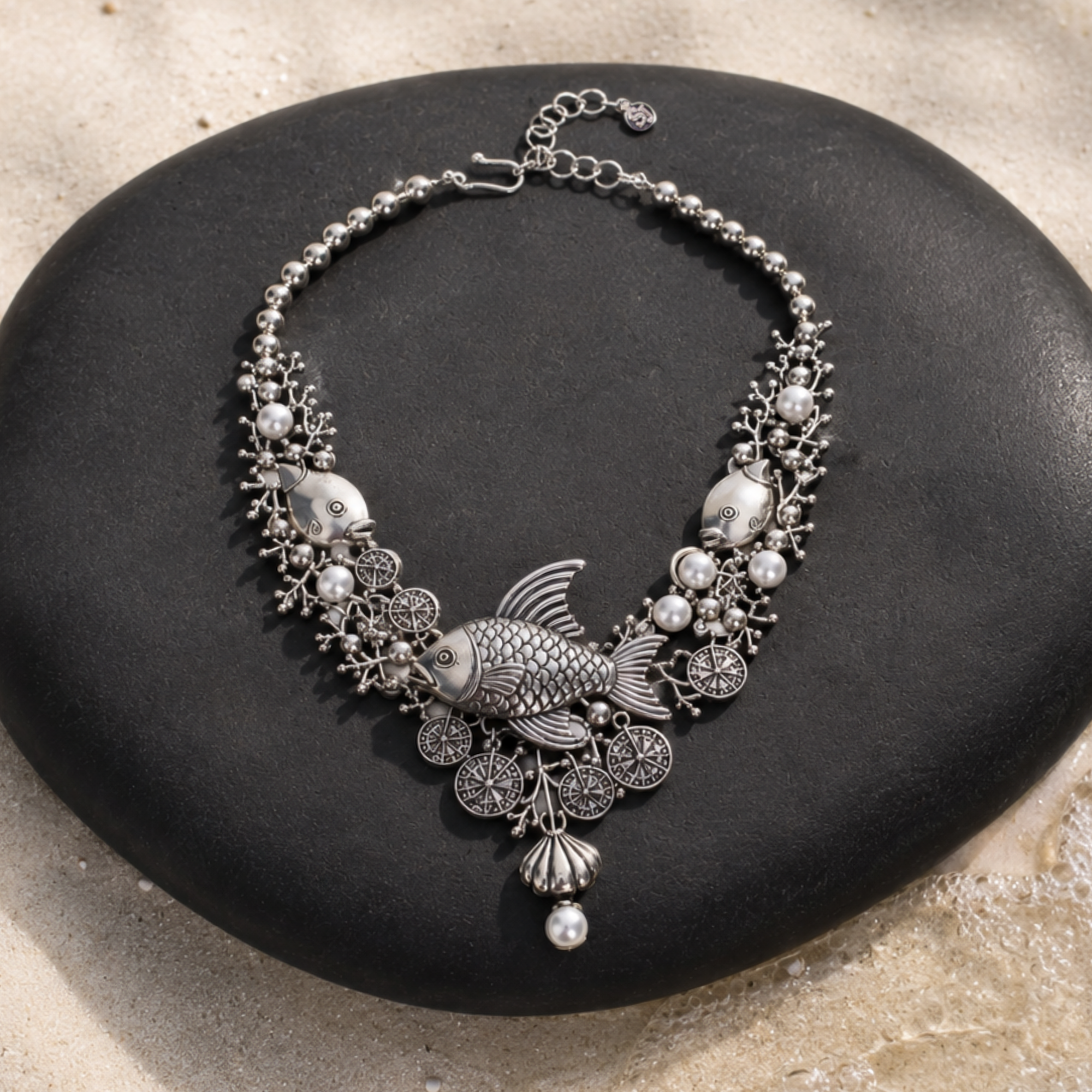 Antiqued silver statement necklace featuring sculpted fish, coral inspired branches, luminous pearl accents, shell details, and intricate ocean textures.
