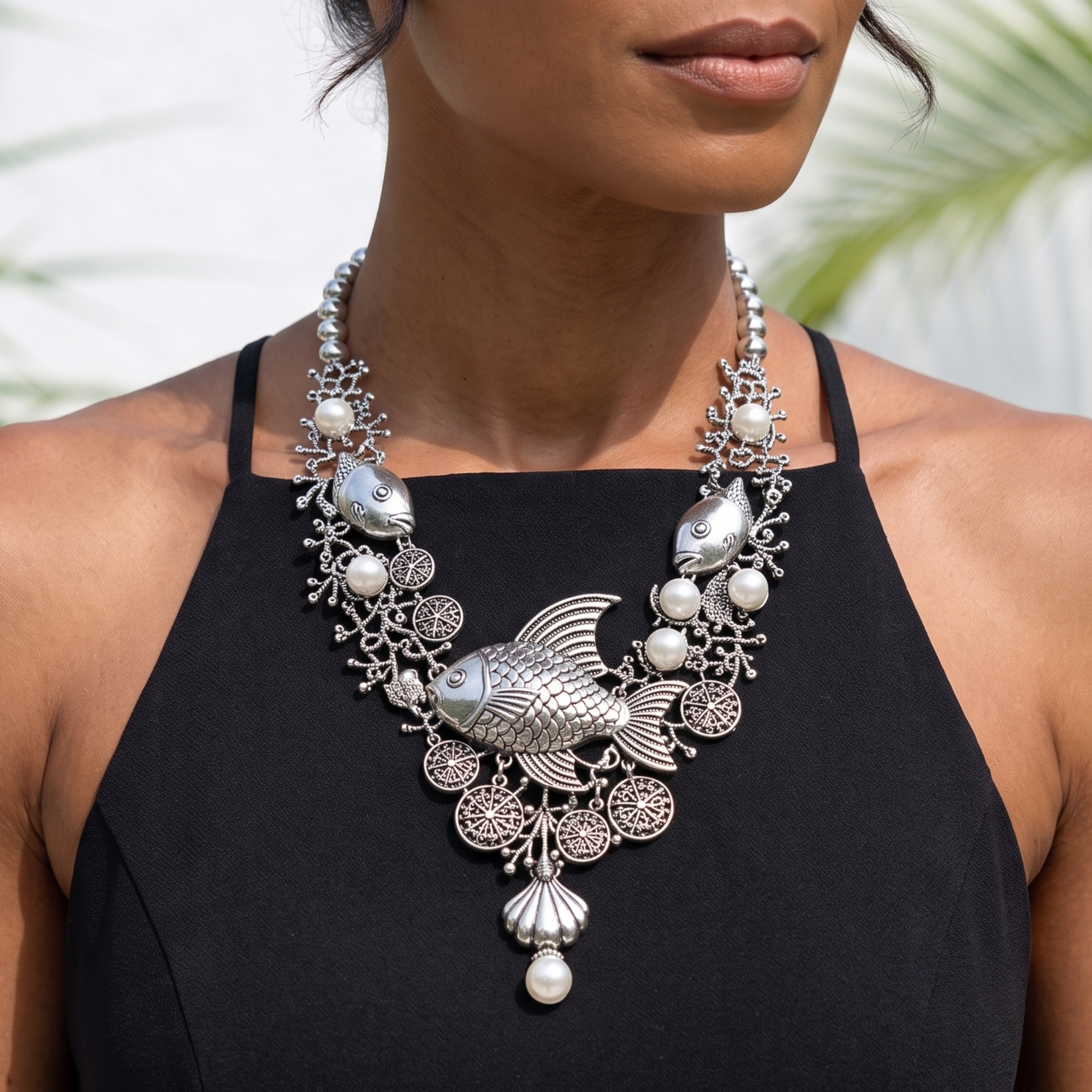 Antiqued silver statement necklace featuring sculpted fish, coral inspired branches, luminous pearl accents, shell details, and intricate ocean textures.