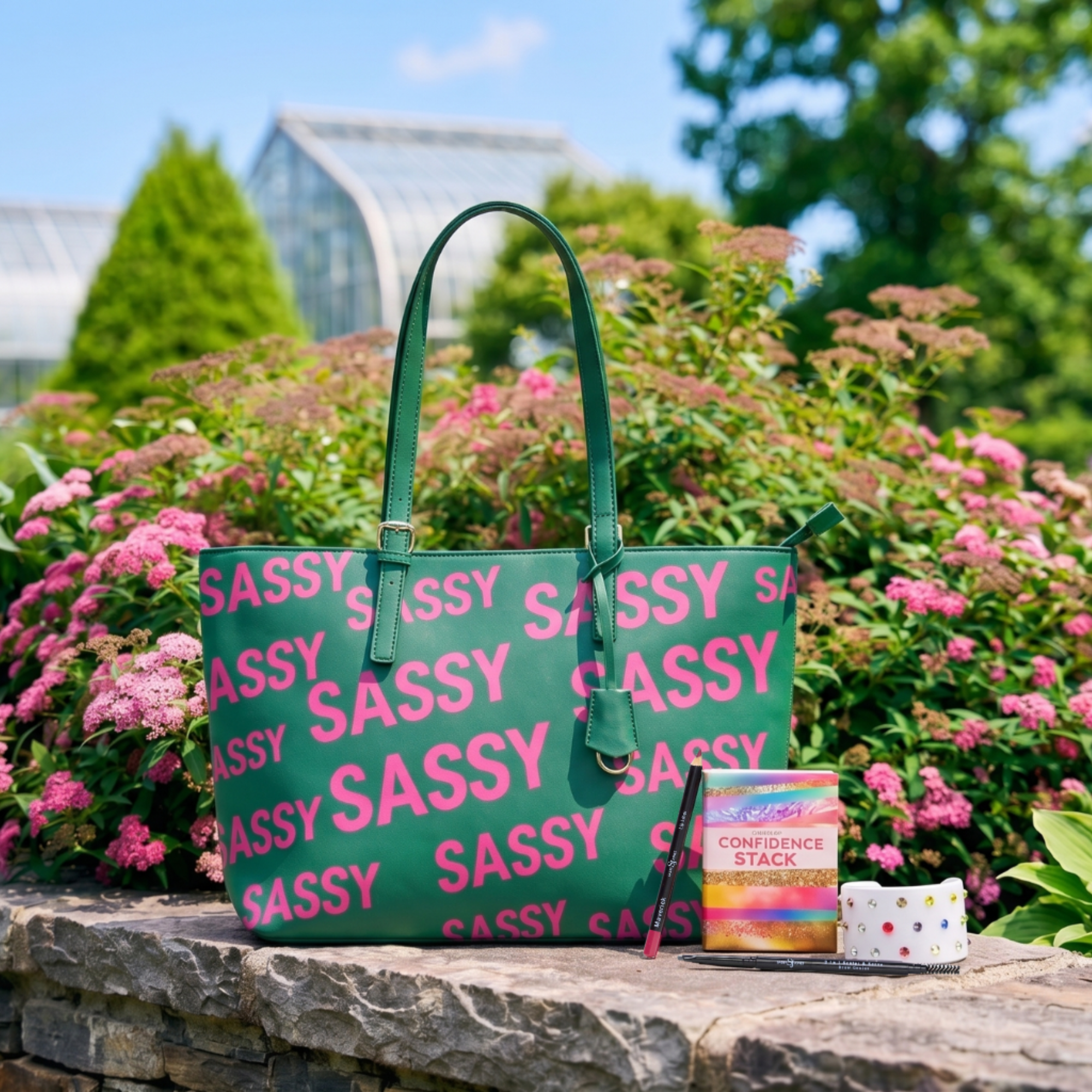 Pretty In The City promotional bundle featuring the Pink &amp; Green Sassy City Tote, Maverick Lip Liner, Off Black Sculpt &amp; Serve Brow Pencil, Confidence Card Stack, and Roxie Radiance Cuff by Sassy Jones.