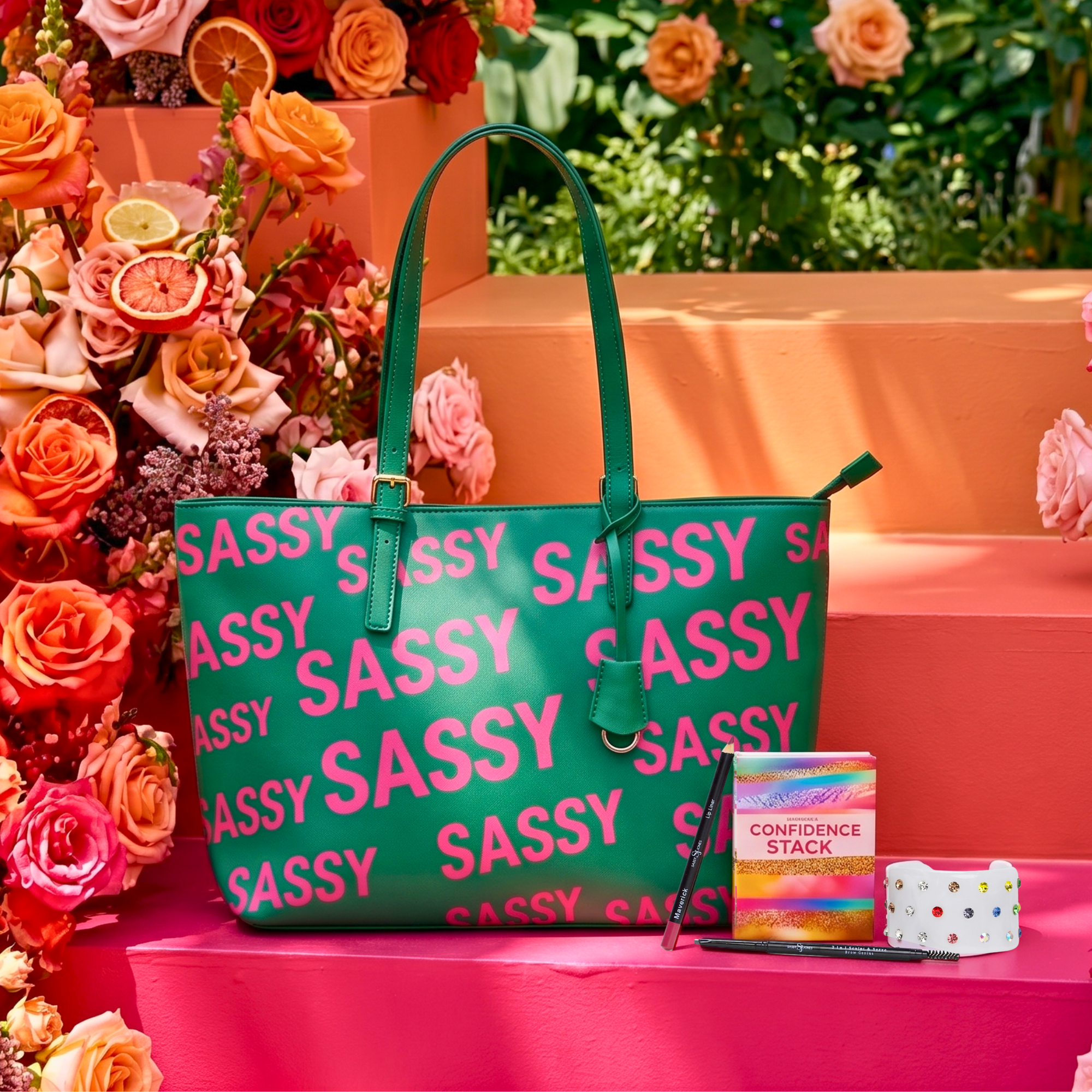 Pretty In The City promotional bundle featuring the Pink &amp; Green Sassy City Tote, Maverick Lip Liner, Off Black Sculpt &amp; Serve Brow Pencil, Confidence Card Stack, and Roxie Radiance Cuff by Sassy Jones.