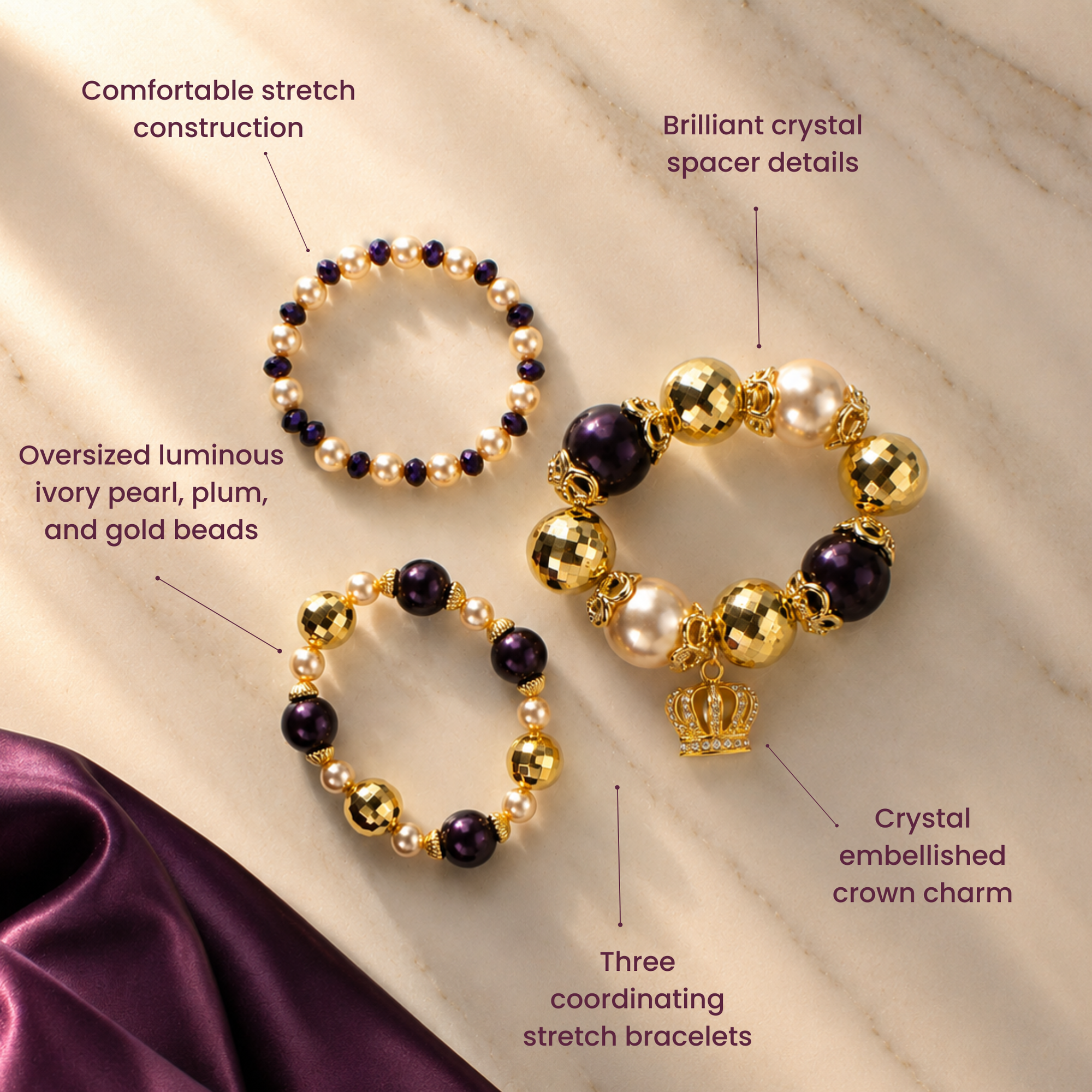 Reign stretch bracelets with mixed pearl beads, faceted metallic beads and pavé crown charm.