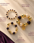 Reign stretch bracelets with mixed pearl beads, faceted metallic beads and pavé crown charm.