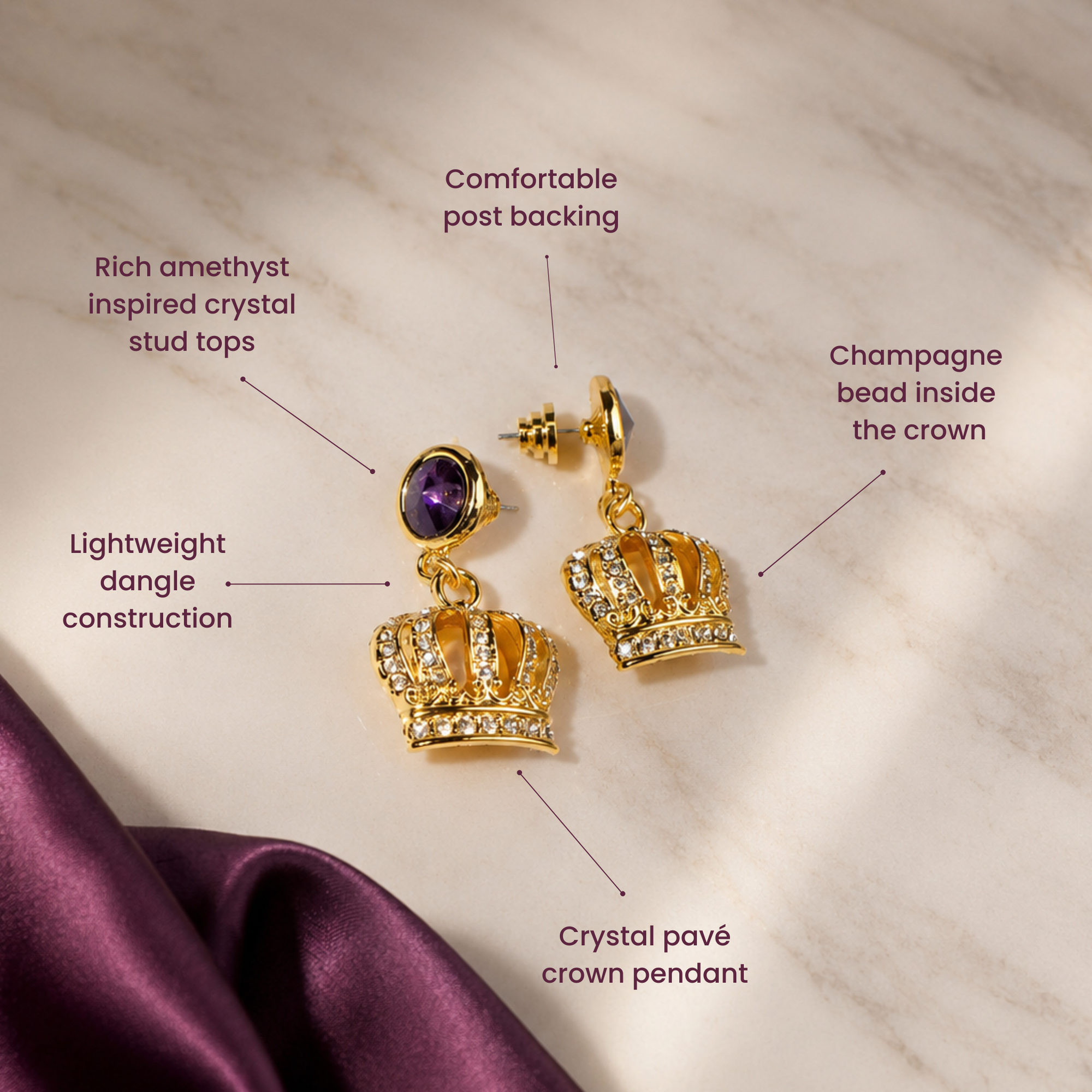 Reign dangle earrings with deep purple round studs and ornate 18K gold plated crown pendants.