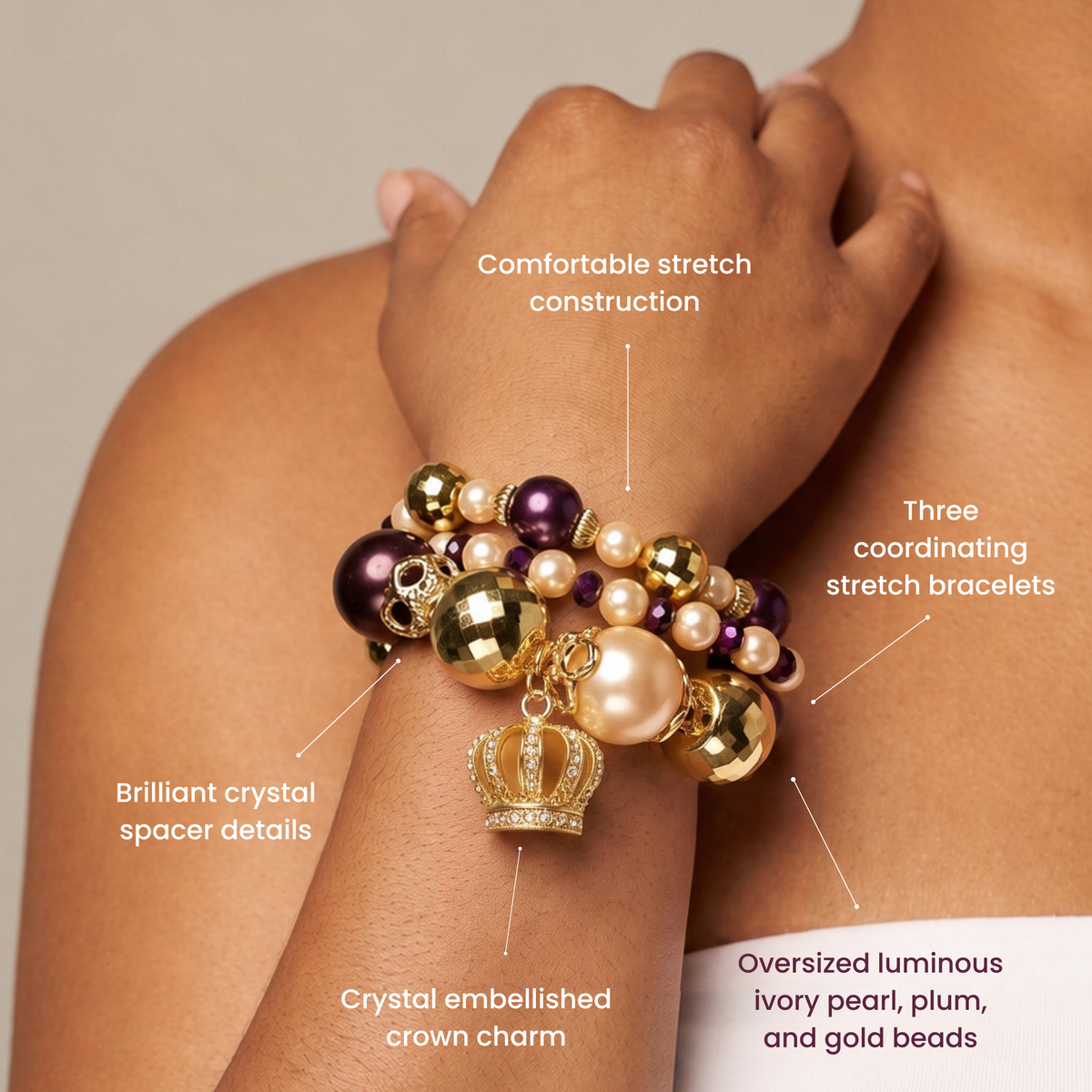 Reign stretch bracelets with mixed pearl beads, faceted metallic beads and pavé crown charm.