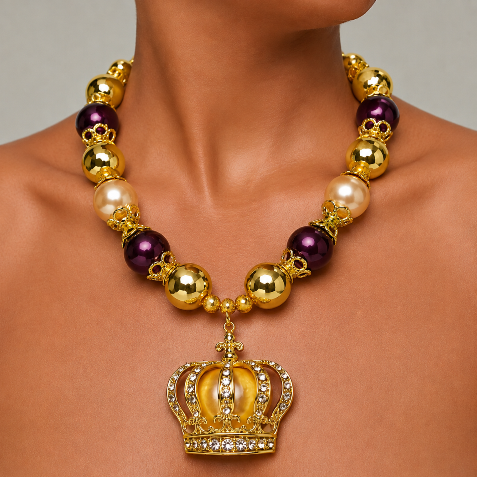 Close-up of ornate pavé crown pendant with champagne center and Gold tone finish.