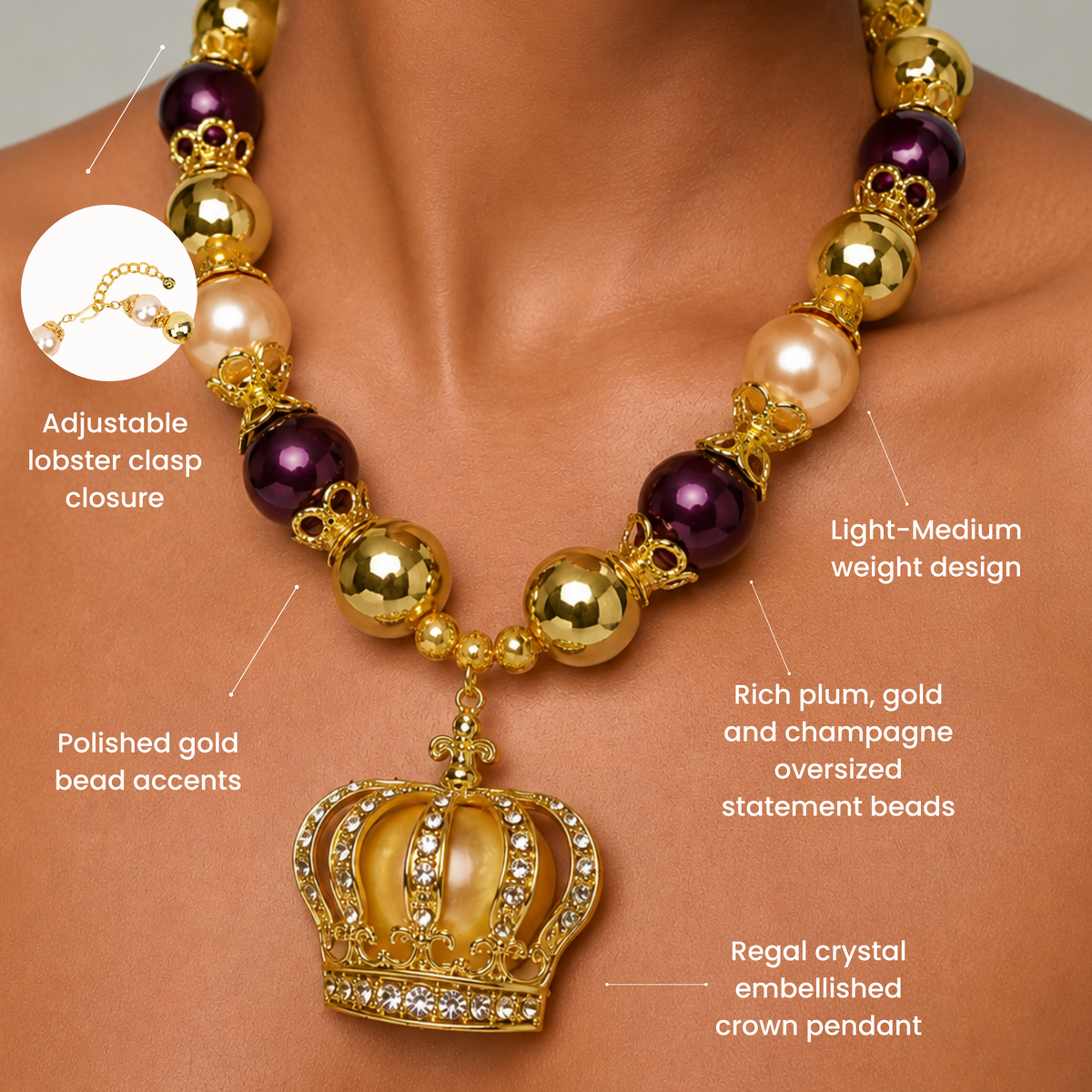 Reign statement necklace with oversized champagne pearls, plum beads, faceted gold beads and crown pendant.