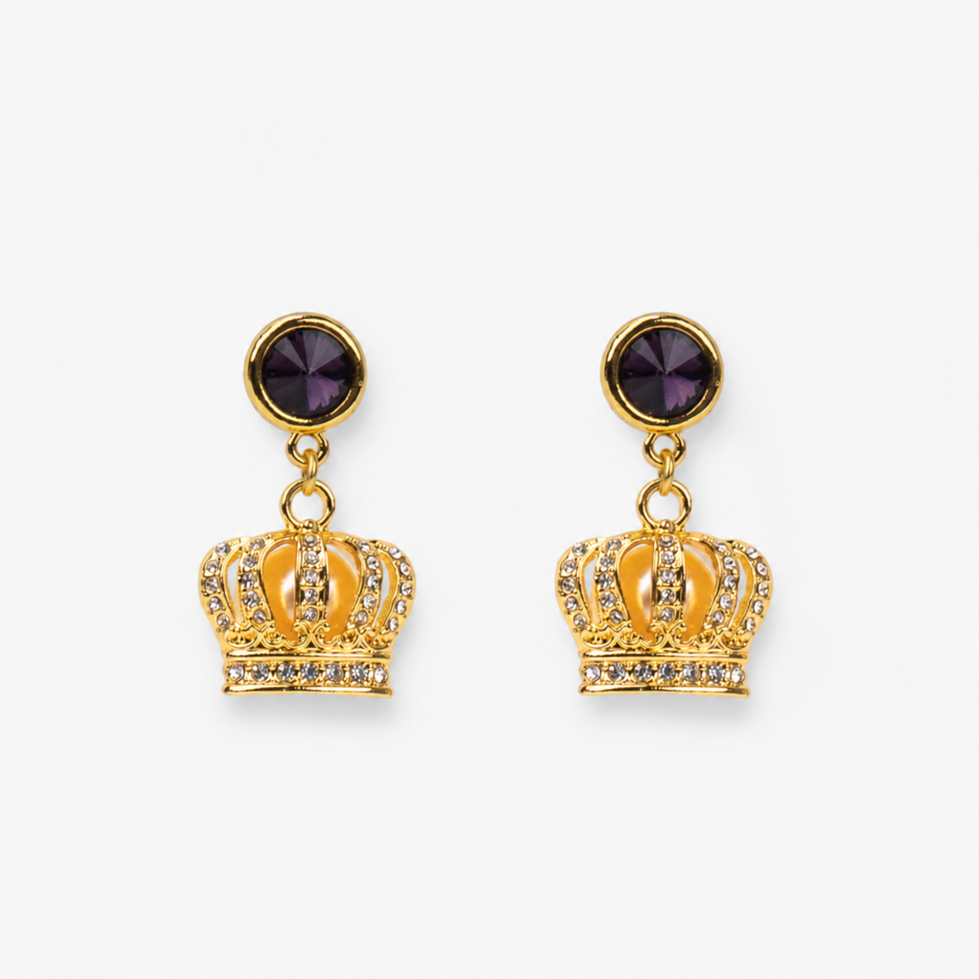 Reign Pavé Crown Purple Gemstone Dangle Earrings with purple faceted studs and gold crown drops
