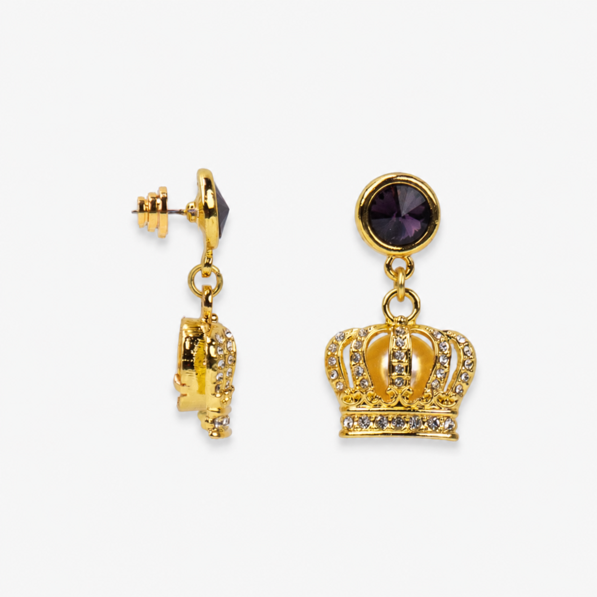 Purple and gold crown earrings featuring sparkling pavé crystal details and champagne center accents.