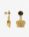 Purple and gold crown earrings featuring sparkling pavé crystal details and champagne center accents.