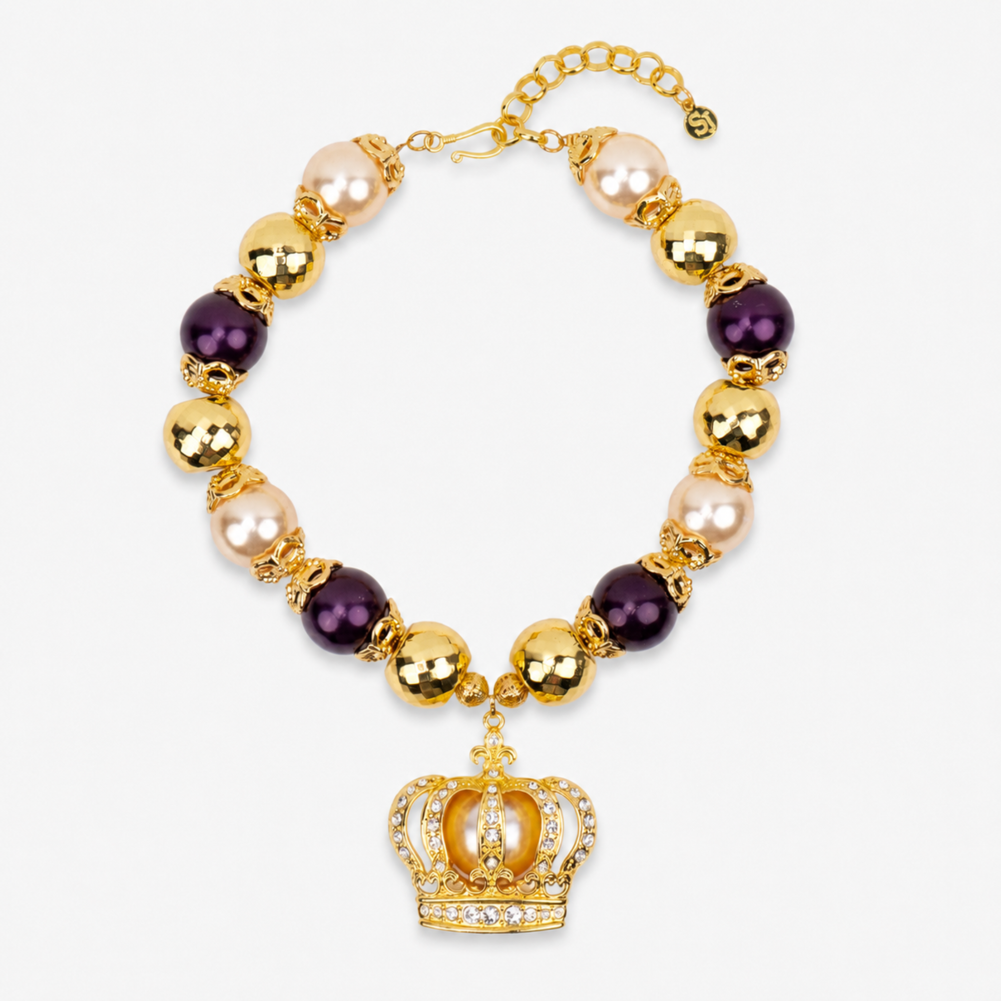 Reign Champagne Pearl Pavé Crown Statement Necklace with plum, champagne and gold beads and jeweled crown pendant.
