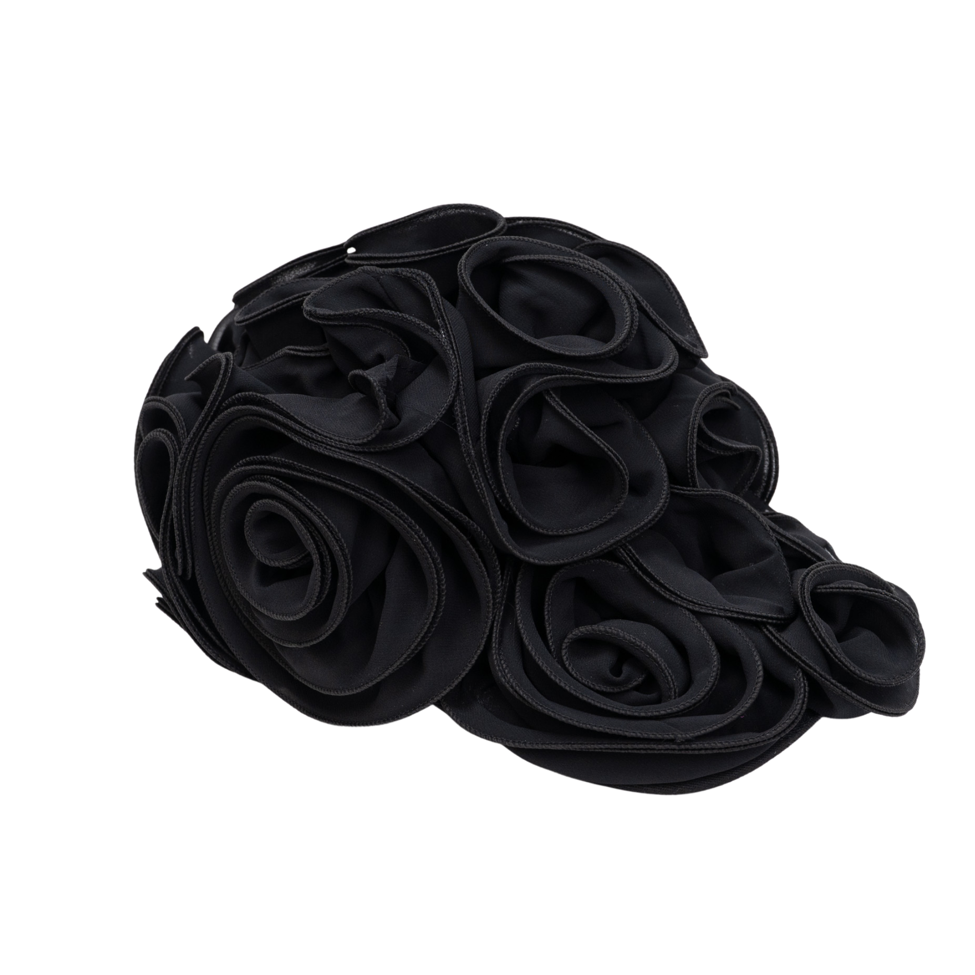 Black chiffon rosette statement cap featuring handcrafted sculptural floral detailing by Sassy Jones.
