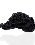 Black chiffon rosette statement cap featuring handcrafted sculptural floral detailing by Sassy Jones.