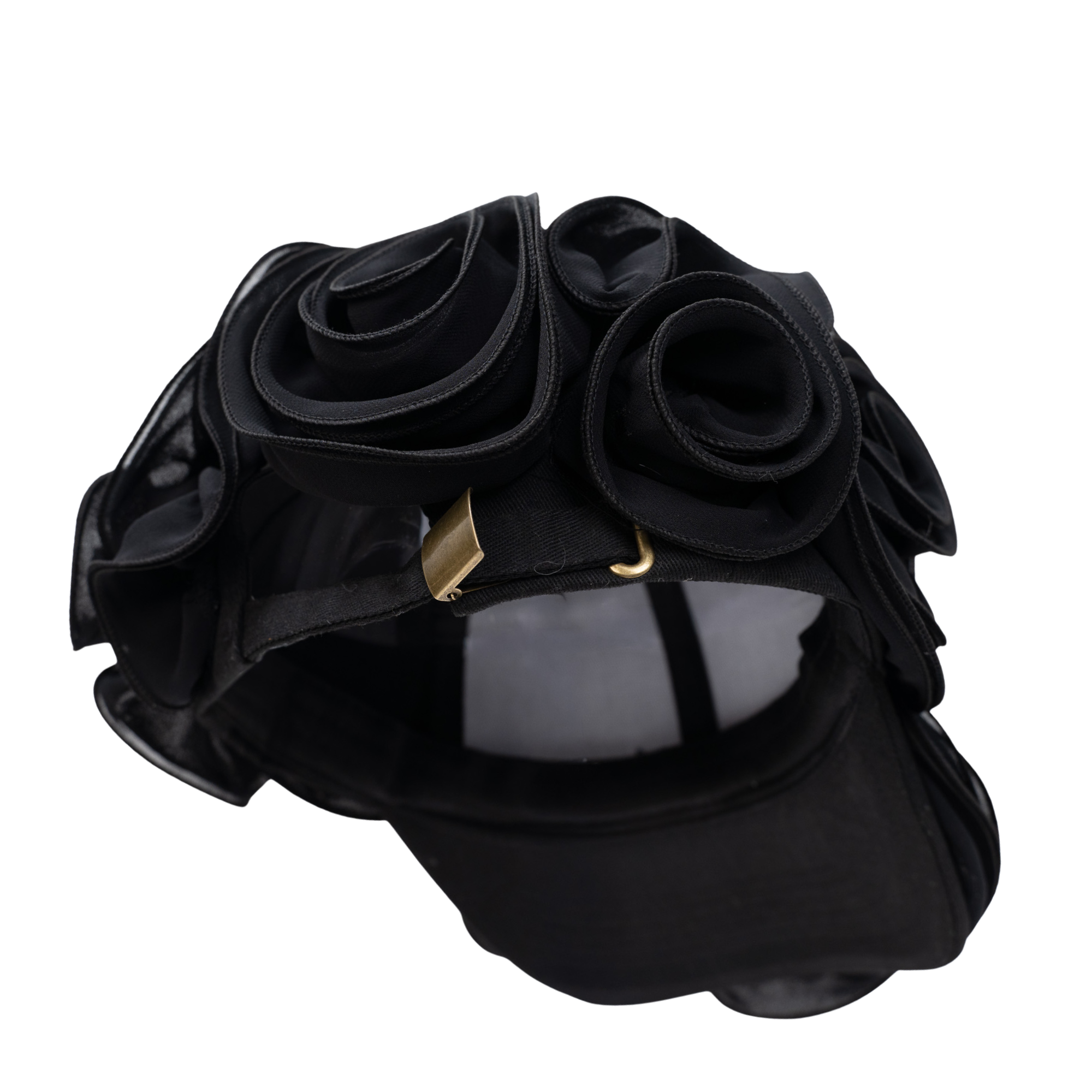 Black chiffon rosette statement cap featuring handcrafted sculptural floral detailing by Sassy Jones.