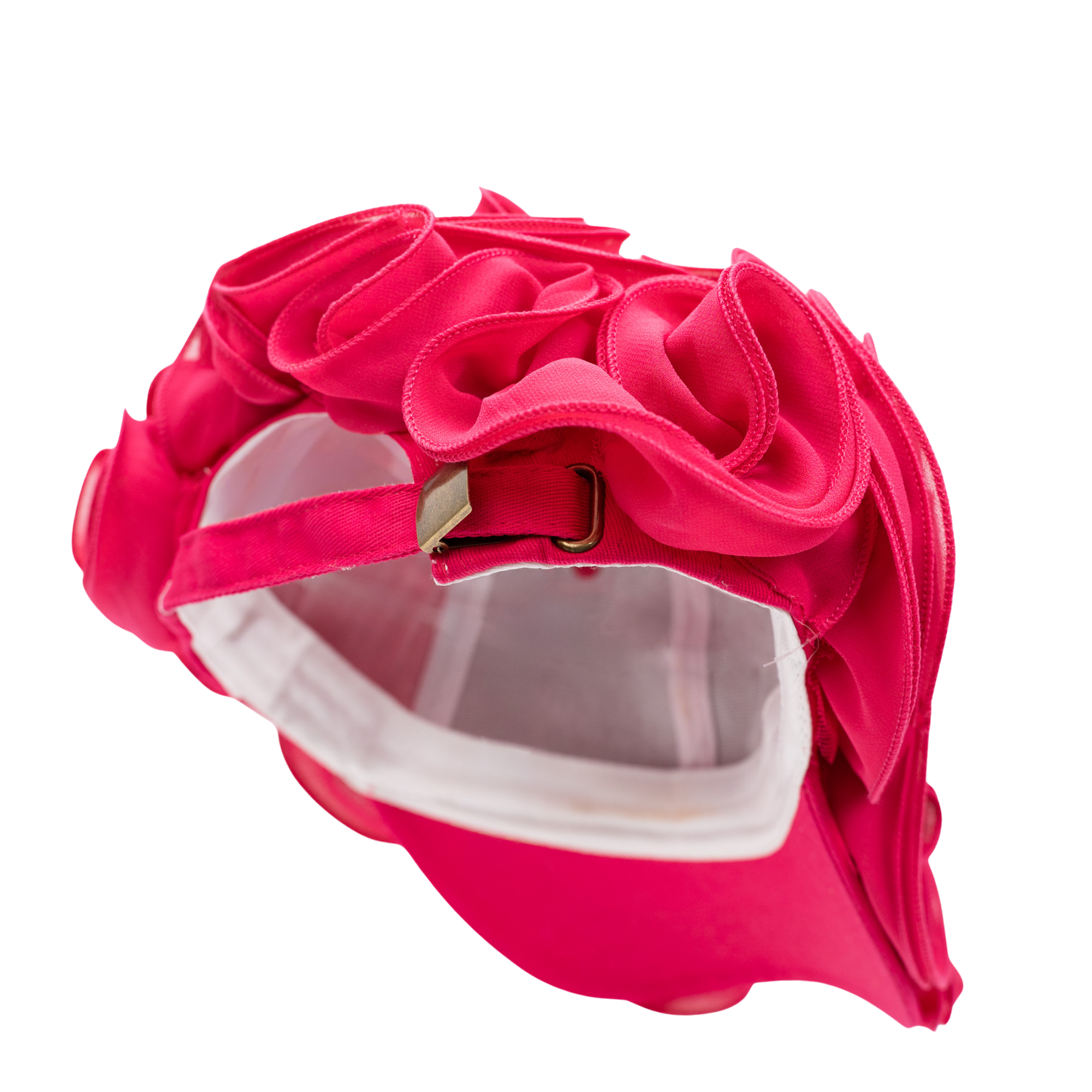 Petal pink chiffon rosette statement cap featuring handcrafted sculptural floral detailing by Sassy Jones.