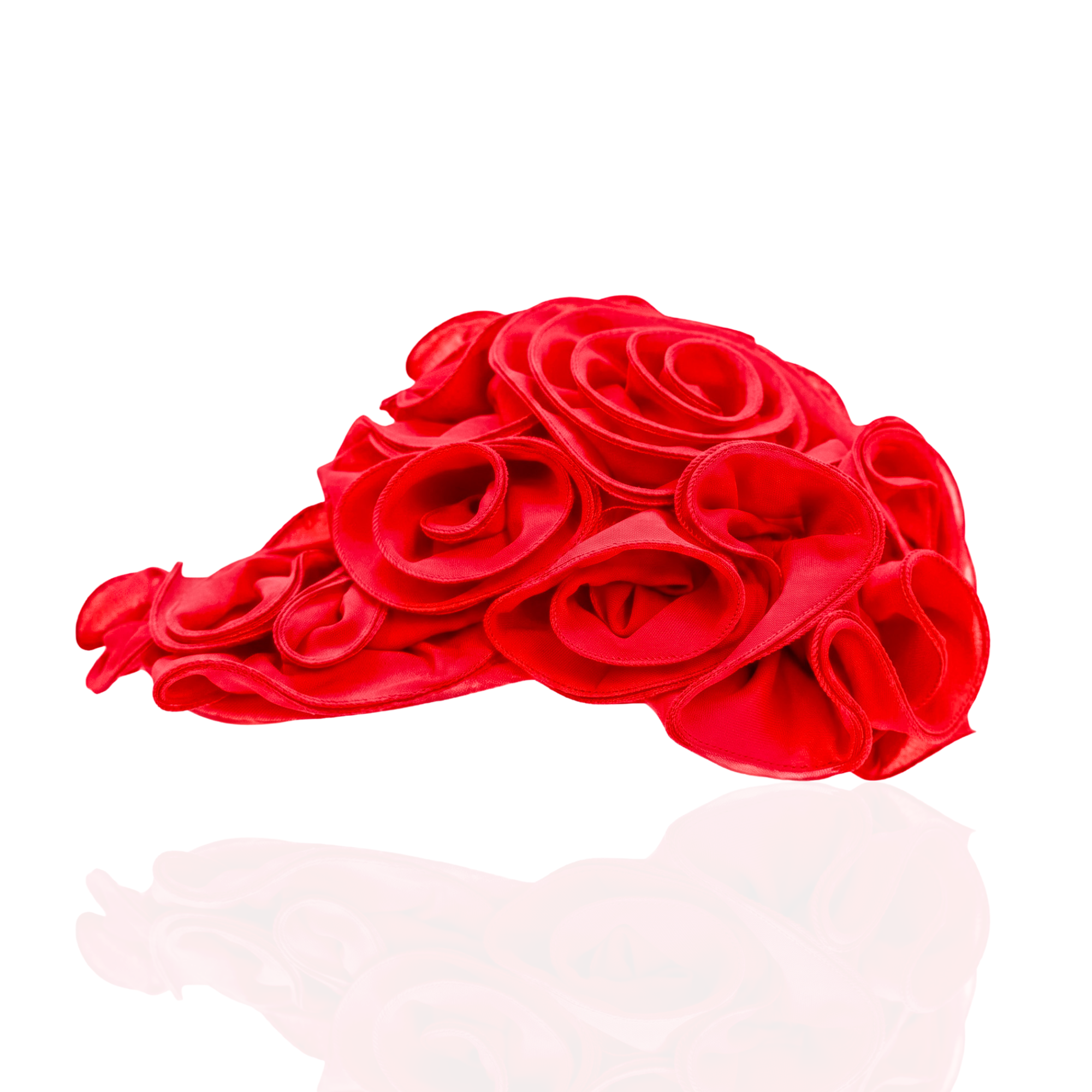 Rose red chiffon rosette statement cap featuring handcrafted floral detailing by Sassy Jones.